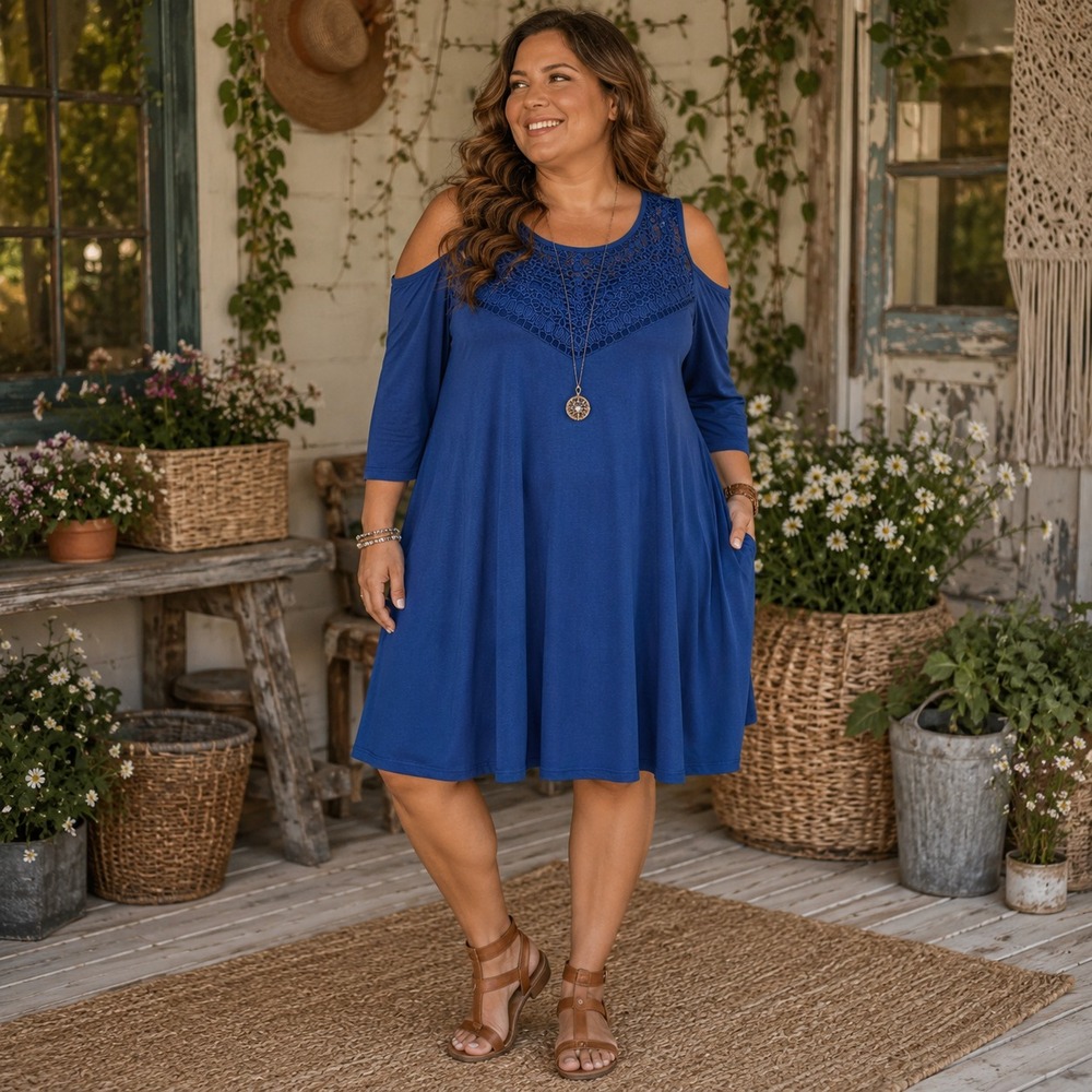 LANE BRYANT Cold Shoulder Midi Dress Blue Size 14-16 Boho Festival Artsy Indie